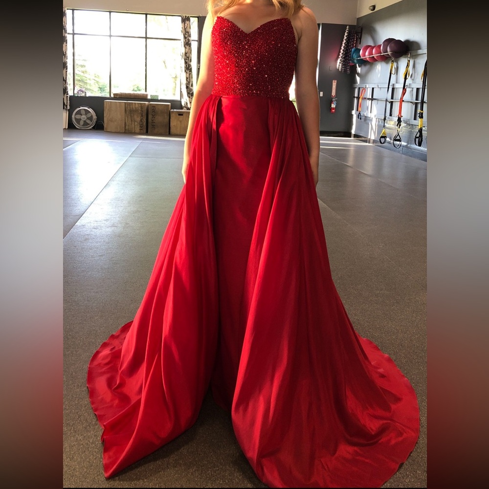 Jovani Beaded Red Sheath Dress with Dramatic Train Size 10